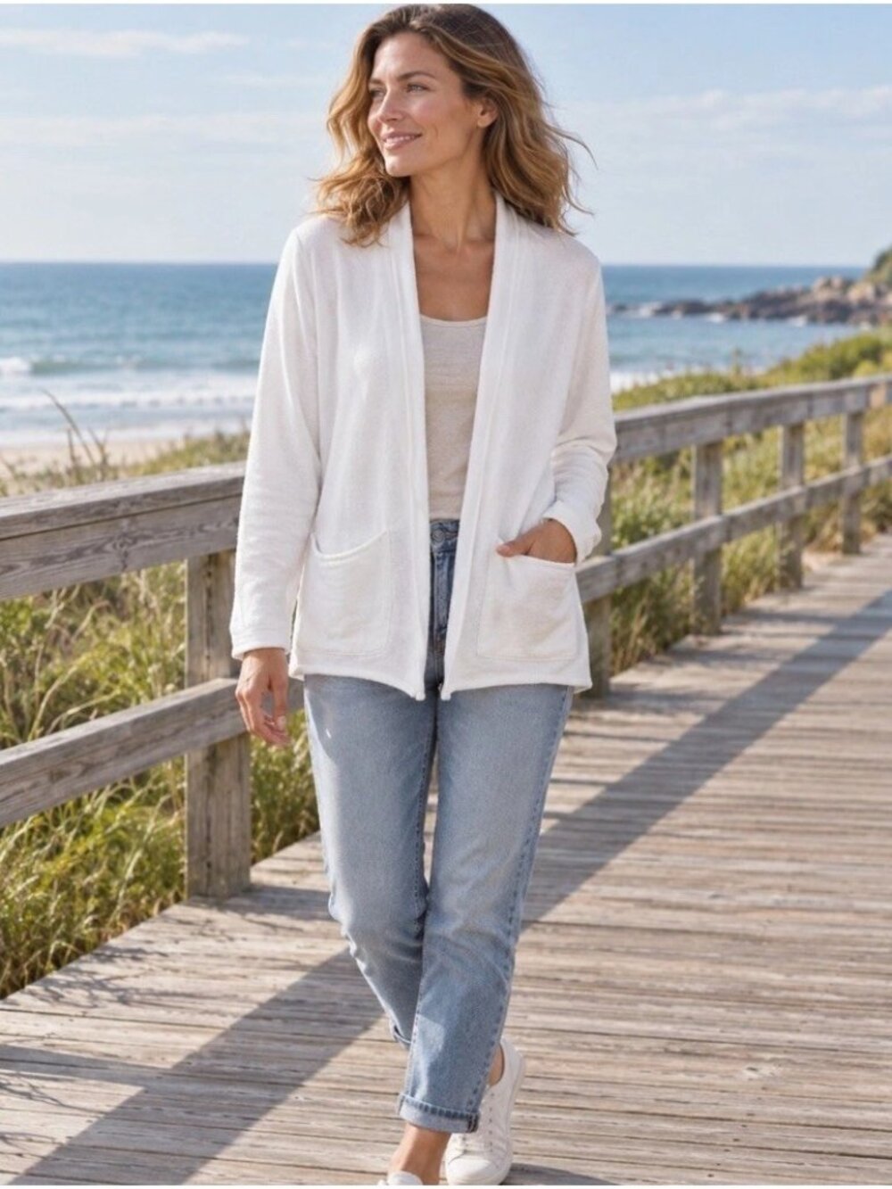 FRANK & EILEEN Barbara Beach Cardigan White Women Size L Open Relax 100% Cotton